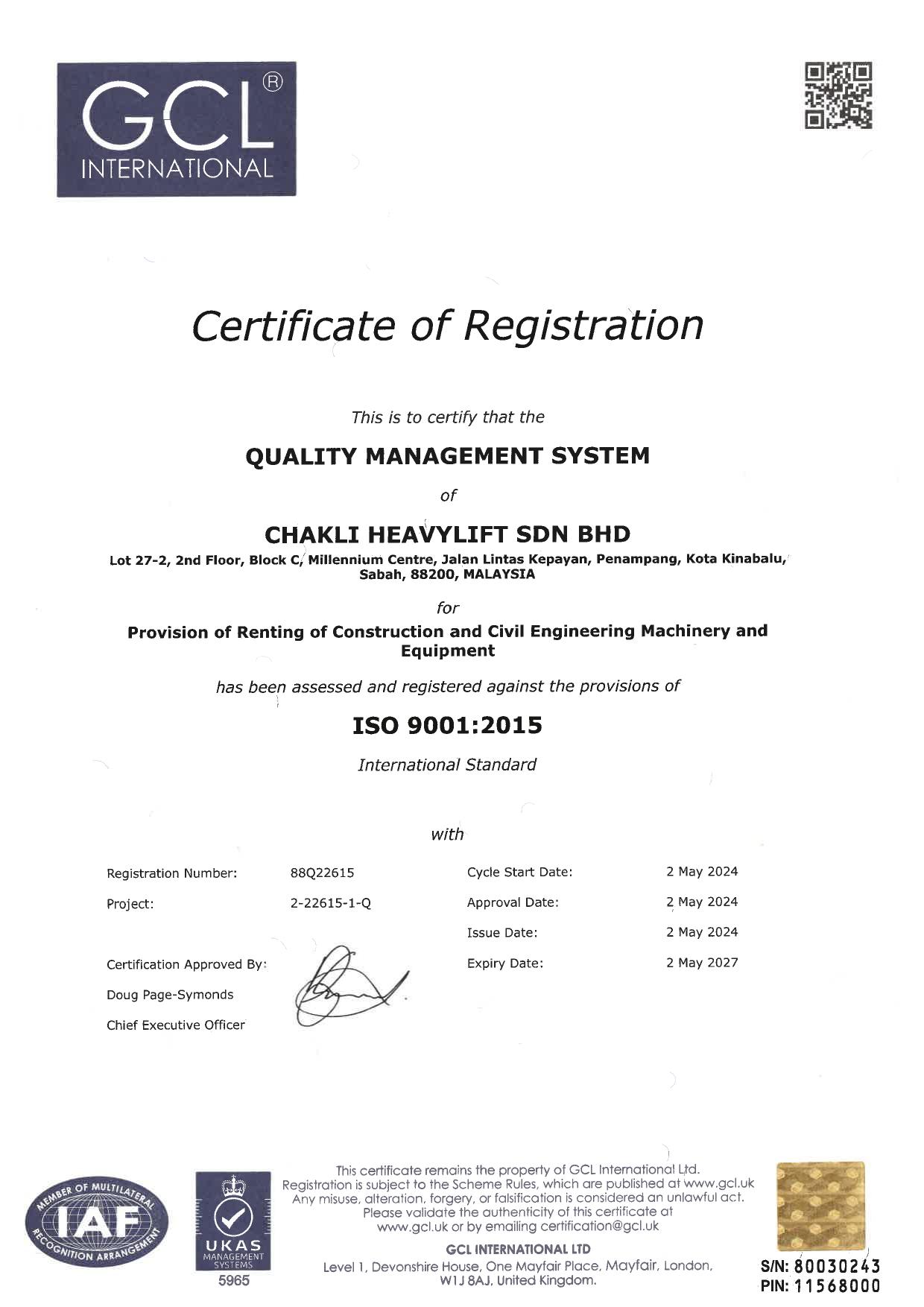 ISO 9001:2015 certificate of registration for Chakli Heavylift Sdn Bhd