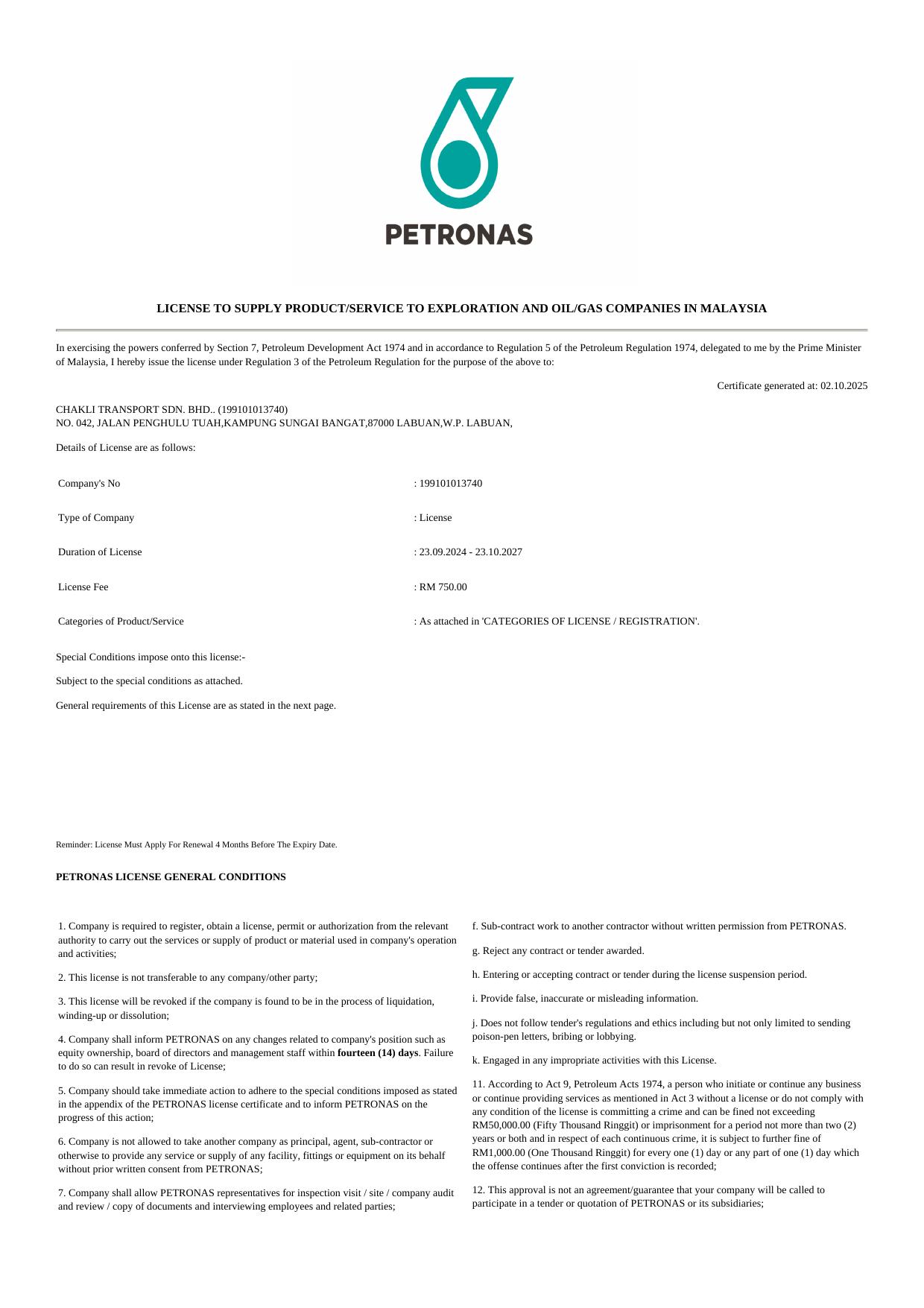 Petronas Supplier License for Chakli Transport Sdn Bhd valid 23.10.2027
